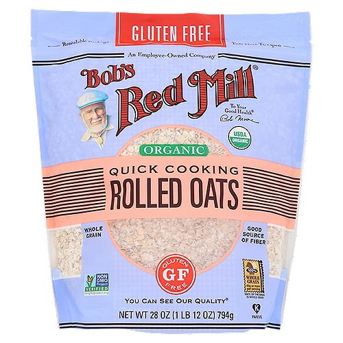Bob's Red Mill Gluten Free Organic Quick Cooking Rolled Oats, 28 oz
Gluten free finally meets organic in our Quick Cooking Rolled Oats! These whole grain oats are lightly toasted and rolled for a classic texture. Prepare on the stove or in the microwave for a delicously versatile and hearty bowl of oatmeal.  Certified Organic by QAI.

These Aren't Ordinary Oats...
Our Gluten Free Organic Quick Cooking Rolled Oats are rolled thin to shorten the cooking time, so a tasty bowl of whole grain oatmeal is just minutes away. Each batch is handled with care in our dedicated gluten free facility and tested in our state-of-the-art laboratory to ensure our strict gluten free quality standards are met.

You Can See Our Quality®