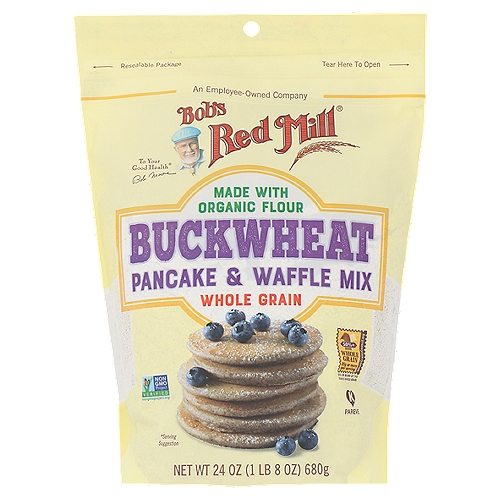 Bob's Red Mill Buckwheat Pancake & Waffle Mix, 24 oz
A nutritious and tasty way to start your day with traditional buckwheat pancakes or waffles.

Dear Friends,
My mission is to bring you whole grain foods for every meal of the day, and that starts with breakfast! With my Buckwheat Pancake & Waffle Mix, it's easy to make a wholesome hot breakfast. Made with organic stone ground whole wheat flour and organic whole grain buckwheat flour, these are pancakes you'll feel good about eating.
To your good health,
Bob Moore