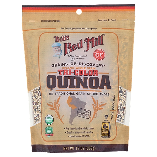Bob's Red Mill Organic Tri-color Quinoa, 13 oz
Bob's Red Mill Organic Tricolor Quinoa is a beautiful mixture of whole grain white, red, and black quinoa. Use it as a side dish, in soups, salads, pilafs, or homemade granola bars! Quinoa is a complete protein, offering the amino acids essential to life. Our quinoa has been rinsed and air-dried to remove the naturally-occuring bitter saponins.

Dear Friends,
My lifelong fascination with whole grains has taken me to the far reaches of the globe. On these journeys I have discovered many delicious treasures—the mighty grains that nourished the world's greatest ancient civilizations. I call them our Grains of Discovery®, and I've brought their stories home to share with you. of quinoa...Native to South America, this amazing plant was domesticated thousands of years ago near Lake Titicaca, high on the plateaus of the Andes. It was a mainstay in the diet of the ancient Incas, who considered it a sacred crop. I hope you enjoy exploring the culinary and nutritional wonders of ancient grains with quinoa and all of our Grains of Discovery®.