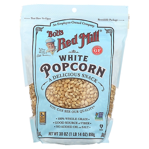Bob's Red Mill Whole White Popcorn
Fluffy and crunchy with a consistent pop. Pop on stove, in microwave, or air popper.

Dear Friends,
While there are hundreds of new snack options these days, we still think there's nothing better than a bowlful of hot, crunchy popcorn. That's because unlike many of today's highly processed products, our White Popcorn has just one ingredient: whole grain corn. Virtually unprocessed, our premium quality popcorn is a good source of fiber and has a naturally sweet flavor. It's a delicious treat that's easy to make, perfect to share and impossible to put down.
To your good health,
Bob Moore