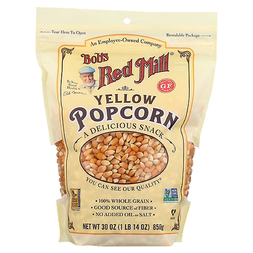 Bob's Red Mill Whole Yellow Popcorn, 30 oz
Fluffy and crunchy with a consistent pop. Pop on stove, in microwave, or air popper.

Tested and confirmed Gluten Free in our quality control laboratory.

Dear Friends,
While there are hundreds of new snack options these days, we still think there's nothing better than a bowlful of hot, crunchy popcorn. That's because, unlike many of today's highly processed products, our Yellow Popcorn has just one ingredient: whole grain corn. Virtually unprocessed, our premium quality popcorn is a good source of fiber and has a naturally sweet flavor. It's a delicious treat that's easy to make, perfect to share and impossible to put down.

You Can See Our Quality®