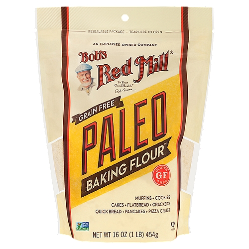 We've created this unique blend of nut flours and root starches to make the perfect ingredient for grain-free baking! This paleo-friendly ''all-purpose'' flour is the ideal choice for flatbreads, pizza crusts, crackers, cookies, muffins, cakes, pancakes and brownies. It also makes a great breading for meats and vegetables.nnTested and confirmed gluten free.nnReasons to Love Bob's Red Mill Paleo Baking FlournGluten Freen4 Simple Ingredientsn10 Grams Net Carbs / Servingn(Net Carbs = Total Carbohydrates - Dietary Fiber)