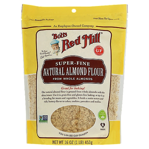 Simply whole almonds with skin on that have been ground to a fine flour great for grain-free baking.nnGreat for baking!nOur natural almond flour is ground from whole almonds with the skins intact. Use it in grain free and gluten free baking, or try it as a breading for meats and vegetables. It lends a moist texture and rich, buttery flavor to cakes, cookies, pancakes and muffins.nnTested and confirmed gluten free.nnReasons to Love Almond Flourn• Grain freen• Gluten freen• Paleo friendly