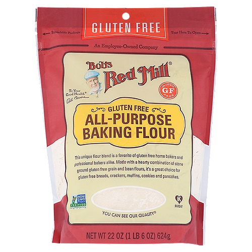 Bob's Red Mill Gluten Free All Purpose Baking Flour, 22 oz
Our Gluten Free All-Purpose Baking Flour is a favorite of gluten free home bakers and professional bakeries alike. It is made with a nutritious blend of garbanzo bean flour, potato starch, whole grain sorghum flour, tapioca flour and fava bean flour. It can replace wheat flour in a variety of recipes with the addition of xanthan gum or guar gum.

This unique flour blend is a favorite of gluten free home bakers and professional bakers alike. Made with a hearty combination of stone ground gluten free grain and bean flours, it's a great choice for gluten free breads, crackers, muffins, cookies and pancakes.