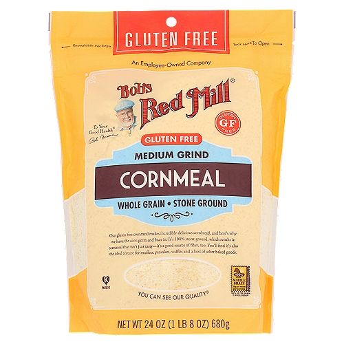Our gluten free cornmeal is a tasty ingredient for corn muffins and as an alternative breading!nnOur gluten free cornmeal makes incredibly delicious cornbread, and here's why: we leave the corn germ and bran in. It's 100% stone ground, which results in cornmeal that isn't just tasty—it's a good source of fiber, too. You'll find it's also the ideal texture for muffins, pancakes, waffles and a host of other baked goods.nnTested and confirmed gluten free in our quality control laboratory.