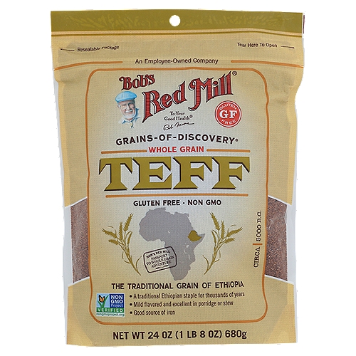 Bob's Red Mill Whole Grain Teff, 24 oz
Teff may be the tiniest grain in the world, but it packs some serious nutrition in each little grain. Fiber, iron, calcum, and 7g of protein in each serving! Use as a side dish or porridge.

Grains-of-Discovery®

The Traditional Grain of Ethiopia
• A traditional Ethiopian staple for thousands of years
• Mild flavored and excellent in porridge or stew
• Good source of iron

Tested and confirmed gluten free in our quality control laboratory.