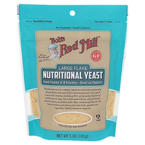 Bob's Red Mill Large Flake Nutritional Yeast, 5 oz
Nutritional yeast is a unique vegetarian food with a pleasantly cheesy flavor and a powerful nutritional punch! It is a good source of B vitamins, including B12, and provides 8 grams of protein per serving. For a rich umami flavor, add nutritional yeast to sauces, scrambles, kale chips, crackers and biscuits. To boost nutrition and please your taste buds, sprinkle over vegetables, baked potatoes or popcorn.
