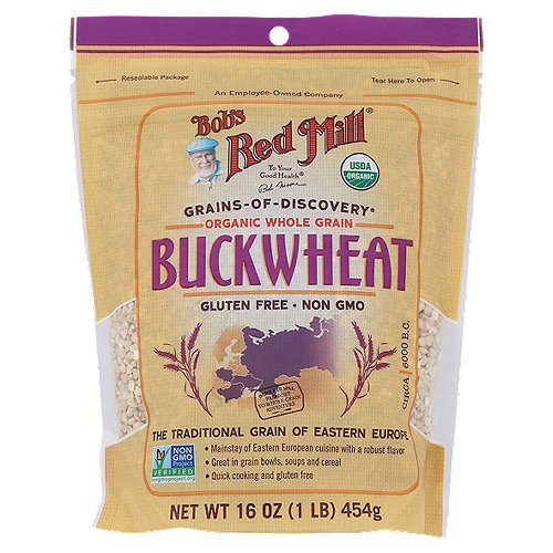 Bob's Red Mill Organic Whole Grain Buckwheat, 16 oz
Grains-of-Discovery®

Tested and confirmed gluten free in our quality control laboratory.