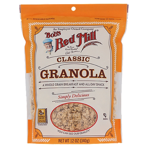 Bob's Red Mill Classic Granola, 12 oz
No fat added, this cereal offers 6g of protein per serving and is a good source of fiber. Eat as a hot or cold cereal, or straight out of the bag!

A Whole Grain Breakfast and All-Day Snack

Dear Friends, What better way to start the day than with a bowl of our whole grain granola? Not only is our granola delicious, it's also packed with nutrition. Many manufacturers pulverize grains into oblivion, willfully removing the nutritious bran and germ, only to reconstitute what remains with added fillers, colors and artificial flavors. At Bob's Red Mill, we do it differently. Our Classic Granola is made from whole grain rolled oats—and without high fructose corn syrup, hydrogenated oils or artificial preservatives. Each and every ingredient is one you will recognize and can feel good about eating.
Eating a bowl of whole grain granola topped with milk is one of the easiest and tastiest ways to start your day with a whole grain breakfast. But that isn't the only way to enjoy granola. Heat your bowl of granola and milk in the microwave for a scrumptious hot cereal, use it as a topping for your favorite yogurt for a light lunch, or try it on top of ice cream for a wonderful treat. You can also eat it right out of the bag! I hope you will enjoy our Classic Granola as much as I do.
To your good health,
Bob Moore

Reason to Love Bob's Red Mill Classic Granola
~ 34 grams whole grains per serving
~ Delicious hot or cold
~ Tasty addition to baked goods