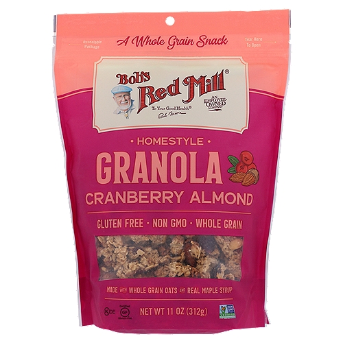 Bob's Red Mill Cranberry Almond Granola, 11 oz
Quick and satisying granola snack that is crispy, toasted and rich in flavor!

Dear Friends,
Perfectly crispy. Toasted. Golden brown. This granola is just spectacular! When we came up with the recipe, we went back to basics—a handful of simple ingredients, including whole grain oats, real maple syrup and sweet cranberries, baked to delicious perfection. The end result? Crunchy clusters that are rich in flavor (but not too sweet) and taste just like they came out of your own oven at home.
It's all part of our mission to bring you Whole Grain Foods for Every Meal of the Day®.
To your good health,
Bob Moore