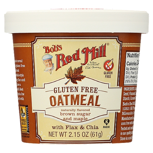 Convenient cup makes flavorful oatmeal on the go a breeze with maple and brown sugar.nnDear Friends,nThis delicious, on-the-go hot cereal is made from a delightful gluten free blend of whole grain rolled oat groats, stone ground Scottish-style oat groats, and nourishing flax and chia seeds. Now you can have a hearty portion of the World's Best Oatmeal® ready to eat in just a few minutes, and you can take with you just about anywhere.nTo Your Good Health,nBob MoorennTested and confirmed gluten free in our quality control laboratory.