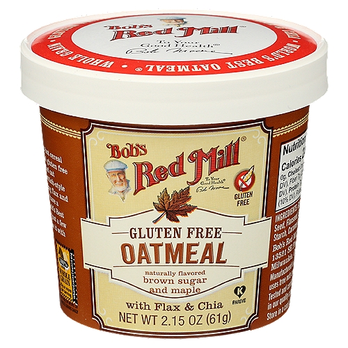Bob's Red Mill Maple Brown Sugar Oatmeal Cup, 2.15 oz
Convenient cup makes flavorful oatmeal on the go a breeze with maple and brown sugar.

Dear Friends,
This delicious, on-the-go hot cereal is made from a delightful gluten free blend of whole grain rolled oat groats, stone ground Scottish-style oat groats, and nourishing flax and chia seeds. Now you can have a hearty portion of the World's Best Oatmeal® ready to eat in just a few minutes, and you can take with you just about anywhere.
To Your Good Health,
Bob Moore

Tested and confirmed gluten free in our quality control laboratory.