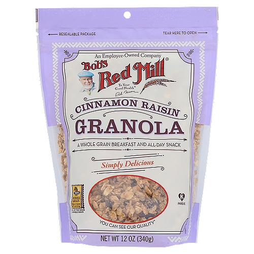 Bob's Red Mill Cinnamon Raisin Granola, 12 oz
Whole grain oats sweetened with a touch of brown sugar and molasses, tossed with plump raisins, cinnamon, and vanilla.

Dear Friends,
What better way to start each day than with a bowl of our whole grain granola? Not only is our granola delicious, it's also packed with wholesome nutrition. Many manufacturers pulverize grains into oblivion, willfully removing the nutritious bran and germ, only to reconstitute what remains with added fillers, colors and artificial flavors. At Bob's Red Mill, we do it differently. Our Cinnamon Raisin Granola is made from whole grain rolled oats and sweetened with real raisins and a touch of cane sugar and molasses. There's no high fructose corn syrup, no hydrogenated oils, and no chemical preservatives. Each and every ingredient is one you will recognize and can feel good about eating.
To your good health,
Bob More

Reasons to Love Bob's Red Mill Cinnamon Raisin Granola
~ 33 grams whole grains per serving
~ Delicious hot or cold
~ Tasty addition to baked goods