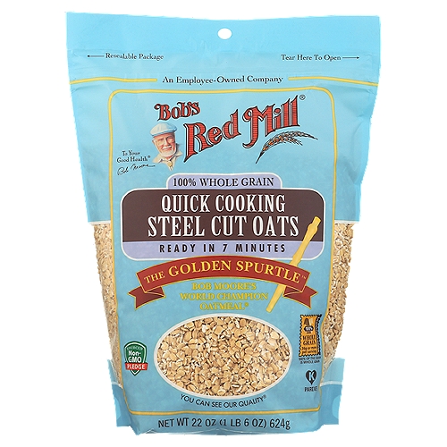 Bob's Red Mill Quick Cooking Steel Cut Oats, 22 oz
Bob's Red Mill Quick-Cooking Steel Cut Oats are whole grain oats that have been cut into into smaller pieces than our Steel Cut Oats, which means they cook more quickly and are ready to eat in just about 7 minutes. Make your oatmeal your own by adding your favorite toppings.