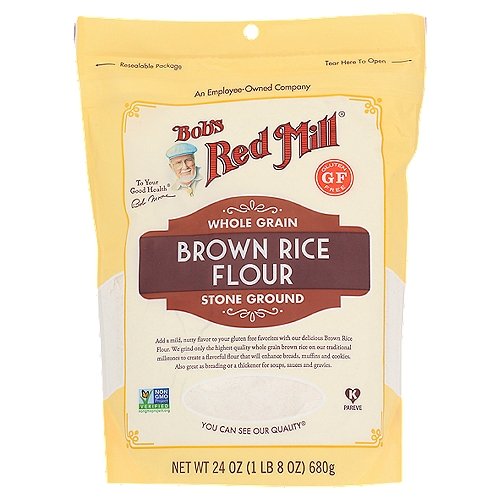 Bob's Red Mill Brown Rice Flour, 24 oz
Our wholesome Brown Rice Flour is a favorite ingredient for gluten-free baking.

Add a mild, nutty flavor to your gluten free favorites with our delicious brown rice flour. We grind only the highest quality whole grain brown rice on our traditional millstones to create a flavorful flour that will enhance breads, muffins and cookies. Also great as breading or a thickener for soups, sauces and gravies.

Tested and confirmed gluten free in our quality control laboratory.