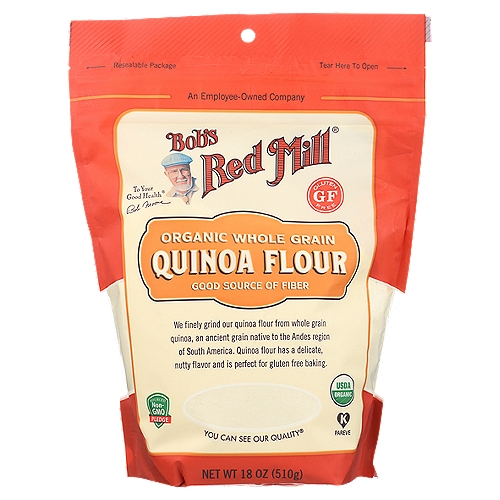 Bob's Red Mill Organic Quinoa Flour is an excellent ingredient for gluten free baking. It imparts a delicate, nutty flavor in gluten free baking and is versatile for sweet or savory application. We simply mill this flour from the whole quinoa grain. Certified Organic by QAI.nnWe finely grind our quinoa flour from whole grain quinoa, an ancient grain native to the Andes region of South America. Quinoa flour has a delicate, nutty flavor and is perfect for gluten free baking.nnTested and confirmed gluten free in our quality control laboratory.