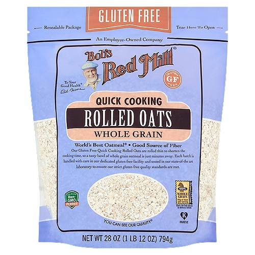 Bob's Red Mill Gluten Free Quick Cooking Rolled Oats, 28 oz
Bob's Red Mill Gluten Free Quick-Cooking Rolled Oats have been rolled very thinly, making them quick to prepare on the stove or in the microwave. Of course these oats will satisfy the craving for a good ol' bowl of oatmeal, but they can also be used for homemade granola bars, whole grain breads, cookies, trail mix, adding to pancakes, and more!

World's Best Oatmeal®

Our Gluten Free Quick Cooking Rolled Oats are rolled thin to shorten the cooking time, so a tasty bowl of whole grain oatmeal is just minutes away. Each batch is handled with care in our dedicated gluten free facility and tested in our state-of-the art laboratory to ensure our strict gluten free quality standards are met.

Dear Friends,
What we eat in the morning makes all the difference in how we get through the rest of the day. A bowl of nutritious whole grain oatmeal starts you off right and keeps your hunger at bay throughout the morning. In my view, no food on earth is better!

You Can See Our Quality®
