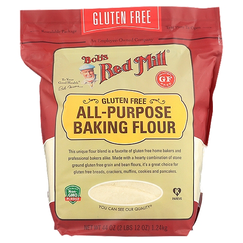 Bob's Red Mill Gluten Free All Purpose Baking Flour, 44 oz
Our Gluten Free All-Purpose Baking Flour is a favorite of gluten free home bakers and professional bakeries alike. It is made with a nutritious blend of garbanzo bean flour, potato starch, whole grain sorghum flour, tapioca flour and fava bean flour. It can replace wheat flour in a variety of recipes with the addition of xanthan gum or guar gum.

This unique flour blend is a favorite of gluten free home bakers and professional bakers alike. Made with a hearty combination of stone ground gluten free grain and bean flours, it's a great choice for gluten free breads, crackers, muffins, cookies and pancakes.