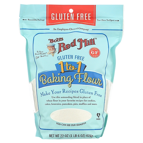 Bob's Red Mill Gluten Free 1-to-1 Baking Flour is the perfect solution for your gluten free diet! No need to throw out your recipe cards - now you can simply replace wheat flour with Bob's Red Mill Gluten Free 1-to-1 for the perfectly textured, delicous gluten free baked goods such as cookies, cakes, brownies, scones, muffins, and more.nnDear friendsnGluten free baking has come a long way since my wife Charlee and I were experimenting with gluten free flours in our kitchen over two decades ago. Now we have this miraculous flour blend with the xanthan gum built right in, fine-tuned so that your baking recipes come out perfectly. Check out my favorite recipe with this flour below. There is nothing better than warm chocolate chip cookies fresh from the oven.nHappy baking!nBob MoorennTested and confirmed gluten free in our quality control laboratory.