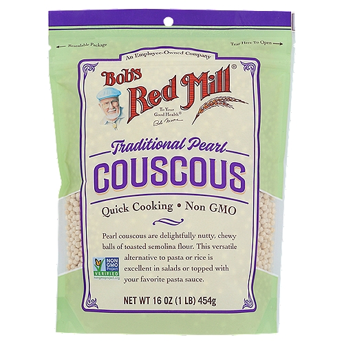 Balls of toasted semolina flour to be used as pasta or rice.nnPearl couscous are delightfully nutty, chewy balls of toasted semolina flour. This versatile alternative to pasta or rice is excellent in salads or topped with your favorite pasta sauce.