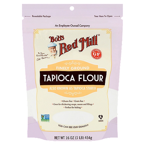 Bob's Red Mill Tapioca Flour, 16 oz
Bob's Red Mill Tapioca Flour, also known as Tapioca Starch, is ground to a powdery fine granulation from the dried roots of the cassava plant. It is gluten free and grain free. Tapioca Flour is great for thickening soups, sauces and fillings and is perfect for baking.

Dear Friends,
As a boy, one of my greatest Joys was spending time in the kitchen with my grandmother while she made her famous cinnamon rolls. Grandmother told me that the secret to making delicious cinnamon rolls was simple: Always use the very best ingredients. As I grew up, I took her words to heart. I'm committed to providing you with top-quality ingredients, and I am proud to say my grandmother would approve of the superior tapioca flour you'll find in this package. It is nothing less than the very best! 
Happy baking,
Bob Moore