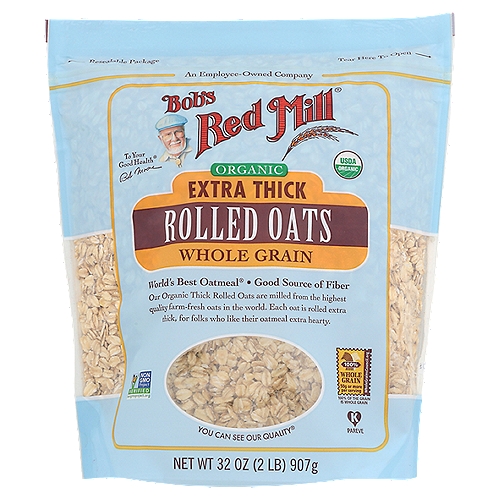 Bob's Red Mill Organic Extra Thick Rolled Oats, 32 oz
Bob's Red Mill Organic Extra Thick Rolled Oats are kiln-toasted and rolled thick for a chewy-textured porridge. A hearty bowl of oatmeal in the morning will get your day started right. Sprinkle on rustic loaves or include in cookies - the possibilities are endless.

World's Best Oatmeal®

Our organic thick rolled oats are milled from the highest quality farm-fresh oats in the world. Each oat is rolled extra thick, for folks who like their oatmeal extra hearty.