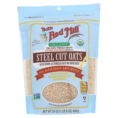 Bob's Red Mill Organic Steel Cut Oats are one of our dearest prides of the mill! You may know Steel Cut Oats as Irish or Pinhead Oats. We took these oats to Carrbridge, Scotland to compete in the annual Golden Spurtle World Porridge Championship and came home with a blue ribbon! Certified Organic by QAI.