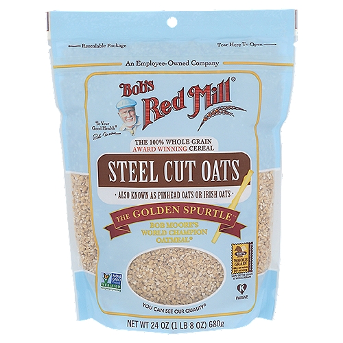 Bob's Red Mill Steel Cut Oats, 24 oz
Bob's Red Mill Steel Cut Oats are one of our dearest prides of the mill! You may know Steel Cut Oats as Irish or Pinhead Oats. We took these oats to Carrbridge, Scotland to compete in the annual Golden Spurtle World Porridge Championship and came home with a blue ribbon!
