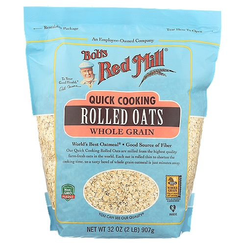 Bob's Red Mill Quick Cooking Rolled Oats, 32 oz
Bob's Red Mill Quick-Cooking Rolled Oats are 100% whole grain and kiln toasted. Prepare on the stove or in the microwave for a delicously versatile and hearty bowl of oatmeal that is ready to eat in just 4 minutes.

World's Best Oatmeal®

Our Quick Cooking Rolled Oats are milled from the highest quality farm-fresh oats in the world. Each oat is rolled thin to shorten the cooking time, so a tasty bowl of whole grain oatmeal is just minutes away.

Dear Friends,
What we eat in the morning makes all the difference in how we get through the rest of the day. A bowl of nutritious whole grain oatmeal starts you off right and keeps your hunger at bay throughout the morning. In my view, no food on earth is better!
To your good health,
Bob Moore