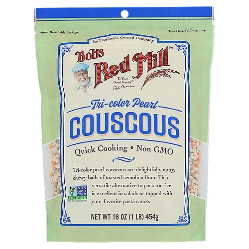 Bob's Red Mill Tri-color Pearl Couscous, 16 oz
Small balls of toasted semolina flour. White pearls are made from plain semolina; green pearls have added spinach powder; red pearls have added tomato powder. Prepare this quick past as a side dish or part of a main course.

Tri-color pearl couscous are delightfully nutty, chewy balls of toasted semolina flour. This versatile alternative to pasta or rice is excellent in salads or topped with your favorite pasta sauce.