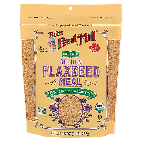Bob's Red Mill Organic Golden Flaxseed Meal, 16 oz
Dear Friends,
Milling flaxseed is like opening a treasure chest. Flaxeeds contain a wealth of nutrients, but as whole seeds most of these nutritional treasures are locked away. Milling the seeds into meal gives your body access to the amazing nourishment stored within. In order to maintain the integrity of the wholesome nutrients in the flaxseed oil, the seeds must be milled with great care. That is why we don't make compromises or cut corners. Our proprietary flax milling machinery keeps the meal cool, which preserves the freshness of those precious oils. It's not the fastest way, but it's the right way, and it is absolutely worth the time and effort.
To your good health,
Bob Moore

The Wisdom of the Ages
Flax has been prized since ancient times. Its Latin name, linum usitatissimum, means ''most useful.'' Hippocrates, the Father of Medicine, prescribed flax to patients with intestinal issues. King Charlemagne was so convinced of its benefits that he passed laws requiring his subjects to consume flaxseeds.

The Science of Today
Today, the nutritional data backs up the wisdom of the ancients. There is general agreement among experts of all sorts that folks should consume more omega-3 fatty acids to promote good health. Two tablespoons of Bob's Red Mill golden flaxseed meal offers 2430 mg of omega-3s. What's more, each serving provides 3 grams each of fiber. Golden flaxseeds and their meal have no significant nutritional differences from their brown counterparts, making them just as valuable an addition to your diet as the more common brown flax. It's no wonder flaxseeds make a wonderful addition to your daily diet.

Tested and confirmed gluten free.