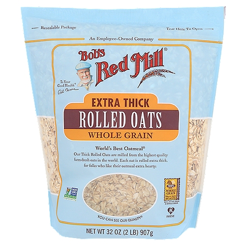 Bob's Red Mill Extra Thick Rolled Oats are kiln-toasted and rolled thick for a chewy-textured porridge. A hearty bowl of oatmeal in the morning will get your day started right! These oats also make a great addition to your homemade granola or muesli. Sprinkle on rustic loaves or include in cookies - the possibilities are endless.nnWorld's Best Oatmeal®nOur Thick Rolled Oats are milled from the highest quality farm-fresh oats in the world. Each oat is rolled extra thick, for folks who like their oatmeal extra hearty.