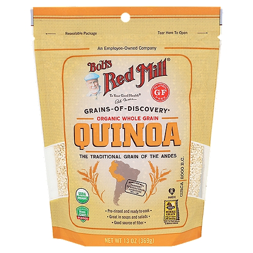 Bob's Red Mill Organic Whole Grain Quinoa is gluten free, organic, whole grain, and offers complete protein and numerous minerals. It's ready to eat in just about 30 minutes. Like all our gluten free-labeled products, this product is processed in a dedicated gluten free facility and R5-ELISA tested to confirm its gluten free status.