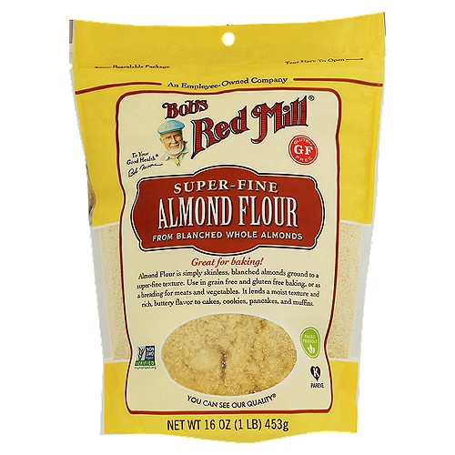 Bob's Red Mill Almond Flour, 16 oz
Almond Flour is simply skinless, blanched almonds that have been finely ground. Great for gluten free and paleo baking!

Use in grain free and gluten free baking, or as a breading for meats and vegetables. It lends a moist texture and rich, buttery flavor to cakes, cookies, pancakes and muffins.

Reasons to Love Almond Flour
• Great for baking
• Grain free
• Gluten free
• Paleo friendly