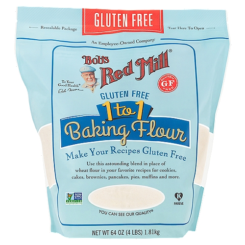 Bob's Red Mill Gluten Free 1 to 1 Baking Flour, 64 oz
Tested and confirmed Gluten Free.

Make Your Recipes Gluten Free
Use this astounding blend in place of wheat flour in your favorite recipes for cookies, cakes, brownies, pancakes, pies, muffins and more.
