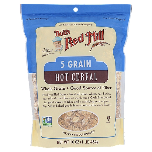Whole grain wheat, whole grain rye, barley, whole grain oats, whole grain triticale, flaxseed.nnFreshly milled from a blend of whole wheat, rye, barley, oats, triticale and flaxseed meal, our 5 Grain Hot Cereal is a good source of fiber and a satisfying start to your day. Add to baked goods instead of oats for extra flavor!