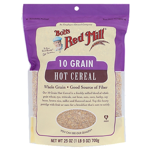 Bob's Red Mill 10 Grain Hot Cereal, 25 oz
Unique blend of stone milled whole grains, soybeans, and flaxseeds. Nutritious and satisfying.

Our 10 Grain Hot Cereal is a freshly milled blend of whole grain wheat, rye, triticale, oat bran, oats, corn, barley, soy beans, brown rice, millet and flaxseed meal. Top this hearty porridge with fruit or nuts for a breakfast that's sure to satisfy.