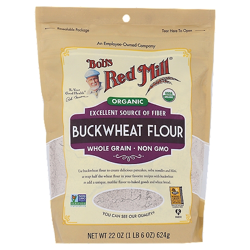 Bob's Red Mill Organic Buckwheat Flour, 22 oz
Surprisingly rich flour with little black specks from the ground seed hull

Use buckwheat flour to create delicious pancakes, soba noodles and blini, or swap half the wheat flour in your favorite recipes with buckwheat to add a unique, nutlike flavor to baked goods and wheat bread.

Dear Friends,
At Bob's Red Mill, we take great pleasure in bringing wholesome, delicious foods like whole grain buckwheat flour to your table. We search the world for unique and unusual heirloom grains that you can use to forge new culinary adventures—right in your own kitchen! Rely on us for a wide variety of baking flours, grains and mixes you'll feel good about eating.
To your good health,
Bob Moore