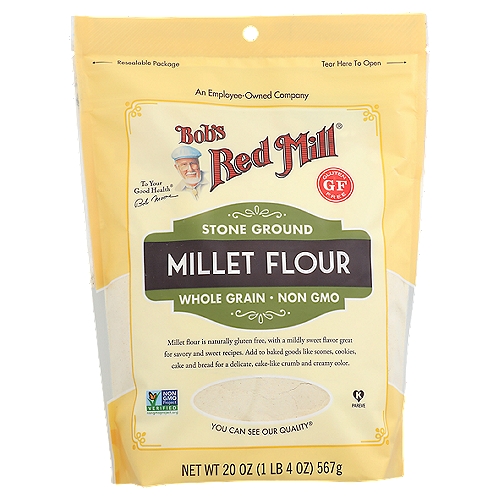 Lends a delicate cake-like crumb to your baked goods with whole grain nutrition.nnMillet flour is naturally gluten free, with a mildly sweet flavor great for savory and sweet recipes. Add to baked goods like scones, cookies, cake and bread for a delicate, cake-like crumb and creamy color.nnTested and confirmed gluten free in our quality control laboratory.