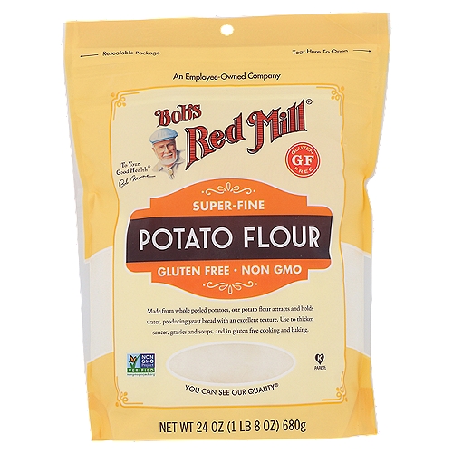 Bob's Red Mill Potato Flour, 24 oz
Ground from 100% dehydtrated whole potatoes, our potato flour is perfect for thickening sauces, soups and gravies.

Made from whole peeled potatoes, our potato flour attracts and holds water, producing yeast bread with an excellent texture. Use to thicken sauces, gravies and soups, and in gluten free cooking and baking.