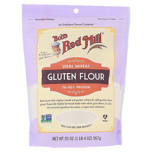 Bob's Red Mill Vital Wheat Gluten, 20 oz
When combined with water it becomes highly elastic. Added to bread dough, it helps retain the gas and steam from baking and gives more volume to the baked bread.

Bake bread with a lighter crumb and greater volume by adding vital wheat gluten! Especially helpful for bread made with whole grain flours, it's also the essential ingredient for seitan, a vegan meat substitute.