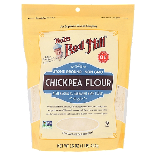 Bob's Red Mill Chickpea Flour, 16 oz
Flour made from this delicious bean lends a sweet, rich flavor to baked goods.

Freshly milled from creamy, delicious garbanzo beans, our chickpea flour is a good source of fiber with a sweet, rich flavor. Use it to create baked goods, vegan scrambles and socca, or to thicken soups, sauces and gravies.