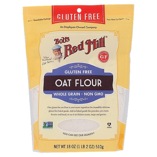 Our Gluten Free Oat Flour is great for baking and is tested to confirm its gluten free status.nnOur gluten free oat flour is your secret ingredient for incredibly delicious gluten free baked goods. Add to baked goods like pancakes, pie crusts, biscuits and bread, or use it to thicken sauces, soups and gravies.nnDear Friends,nYou may have heard that I eat a bowl of oatmeal every day. That's because I believe in the powerful nutrition of whole grains, and I'm proud to say this gluten free oat flour contains all of the nutrients of the high quality whole grain oats milled to make it. We hope you use this flour to create delicious food, and make memories that will last for a lifetime.nTo your good health,nBob Moore
