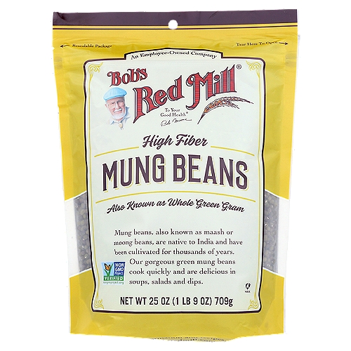 Bob's Red Mill Mung Beans, 25 ozAlso known as whole green gram  Mung beans, also known as maash or moong beans, are native to India and have been cultivated for thousands of years. Our gorgeous green mung beans cook quickly and are delicious in soups, salads and dips.