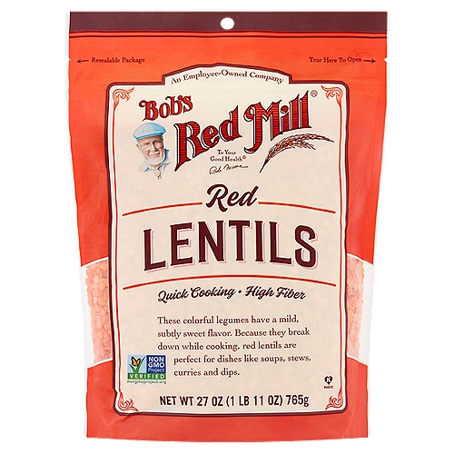 Bob's Red Mill Red Lentils, 27 oz
Beautifully vibrant in color, red lentils cook quickly in just 15 minutes and are great for soups, stews, curries, and dips.

These colorful legumes have a mild, subtly sweet flavor. Because they break down while cooking, red lentils are perfect for dishes like soups, stews, curries and dips.