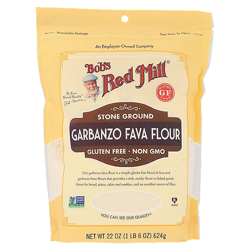 Bob's Red Mill Garbanzo Fava Flour Gluten Free, 22 oz
An alternative gluten free bean flour great for savory dishes like pizza crust and breads.

Our garbanzo fava flour is a simple gluten free blend of fava and garbanzo bean flours that provides a rich, earthy flavor to baked goods. Great for bread, pizza, cakes and cookies, and an excellent source of fiber.

Tested and confirmed gluten free in our quality control laboratory.
