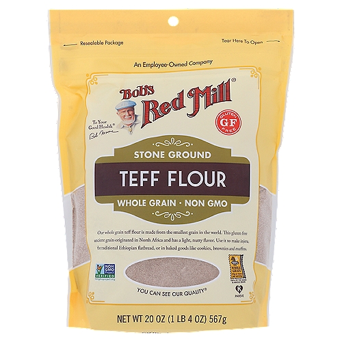 Teff may be the tiniest grain in the world, but it packs some serious nutrition in each little grain. Fiber, iron, calcum, and 7g of protein in each serving! Teff flour is the main ingredient in the Ethiopian dish injera.nnOur whole grain teff flour is made from the smallest grain in the world. This gluten free ancient grain originated in North Africa and has a light, nutty flavor. Use it to make injera, the traditional Ethiopian flatbread, or in baked goods like cookies, brownies and muffins.