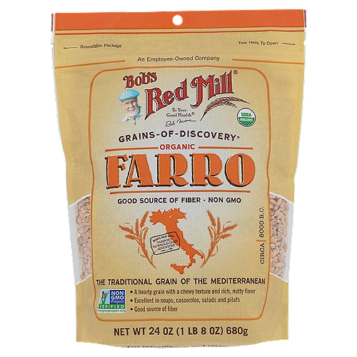 Bob's Red Mill Organic Farro, 24 oz
The Traditional Grain of The Mediterranean
• A hearty grain with a chewy texture and rich, nutty flavor
• Excellent in soups, casseroles, salads and pilafs
• Good source of fiber