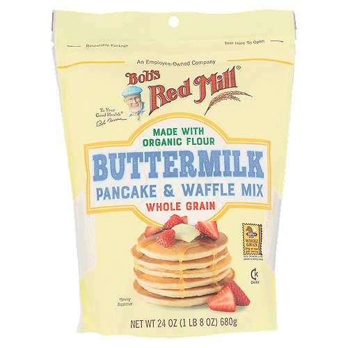 Bob's Red Mill Buttermilk Pancake & Waffle Mix, 24 oz
Fluffy and delicious pancakes made with whole grain flour. A nutritious, flavorful way to start your day! Great for waffles too.

Dear Friends,
My mission is to bring you whole grain foods for every meal of the day, and that starts with breakfast! With my Buttermilk Pancake & Waffle Mix, it's easy to make a wholesome hot breakfast. Made with stone ground whole grain wheat flour, buttermilk and cane sugar, these are pancakes you'll feel good about eating.
To your good health,
Bob Moore