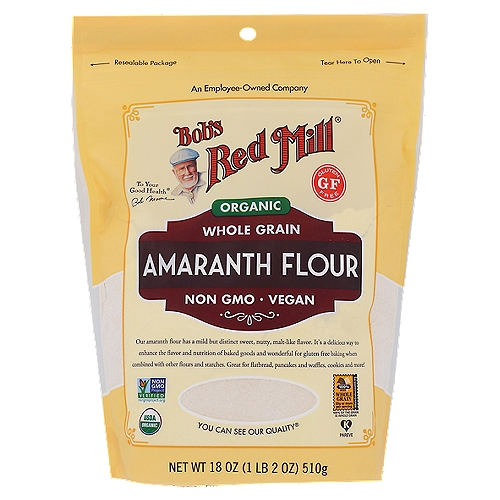 Bob's Red Mill Organic Amaranth Flour, 18 oz
Amaranth flour has a mild but distinct, sweet, nutty and malt-like flavor

It's a delicious way to enhance the flavor and nutrition of baked goods and wonderful for gluten free baking when combined with other fours and starches. Great for flatbread, pancakes and waffles, cookies and more!

Tested and confirmed gluten free in our quality control laboratory.